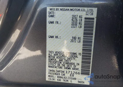 2017 Nissan Altima 2.5 Sl z USA, uszkodzony, nr VIN 1N4AL3AP1HC171266